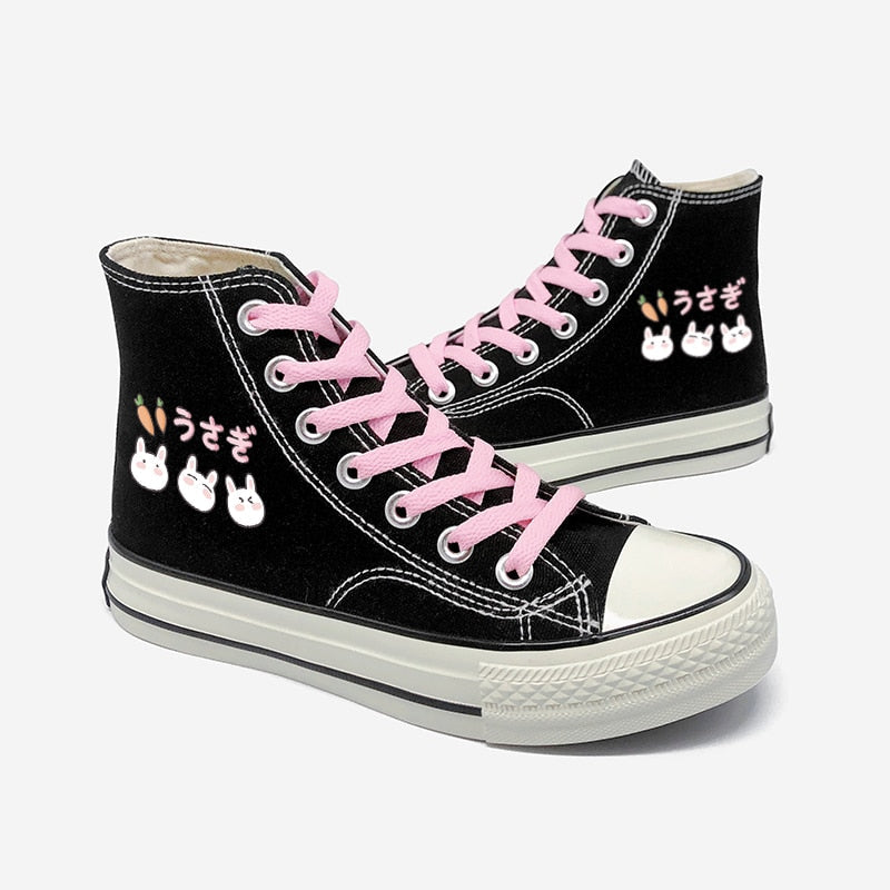 Kawaii Bunny And Friends Black High Top Canvas Shoes – Women’S