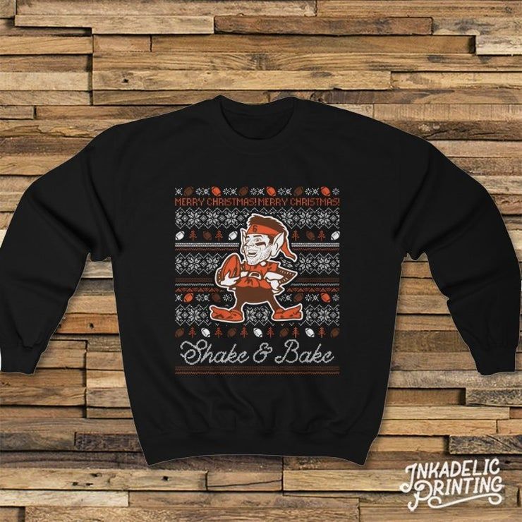 Baker Mayfield Ugly Christmas Style Cleveland Browns Dangerous Believe Shake Bake Faux Knitted Pattern Shirt