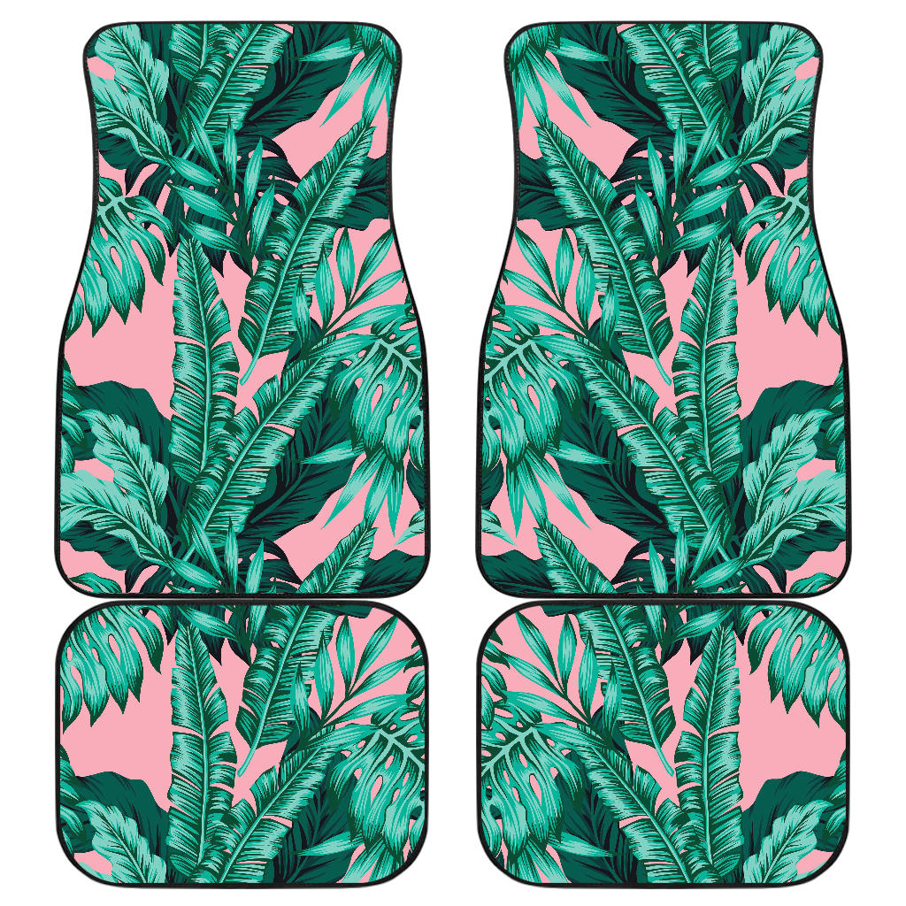 Teal Banana Leaves Pattern Print Front And Back Car Floor Mats, Front Car Mat