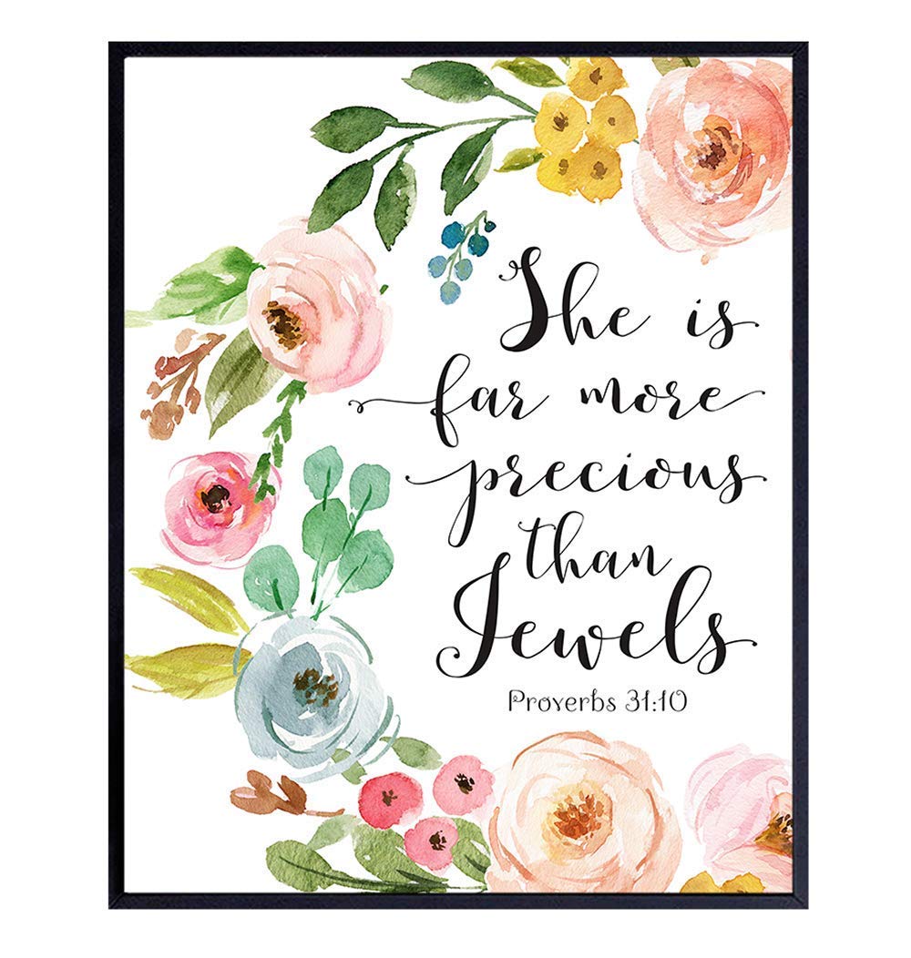 Proverbs 31 – Bible Verse Wall Art For Girls, Women, Teens – Religious Scripture Room Decor For Baby Bedroom, Living Room, Bathroom – Unique Christian Gift – Flowers In Pastel