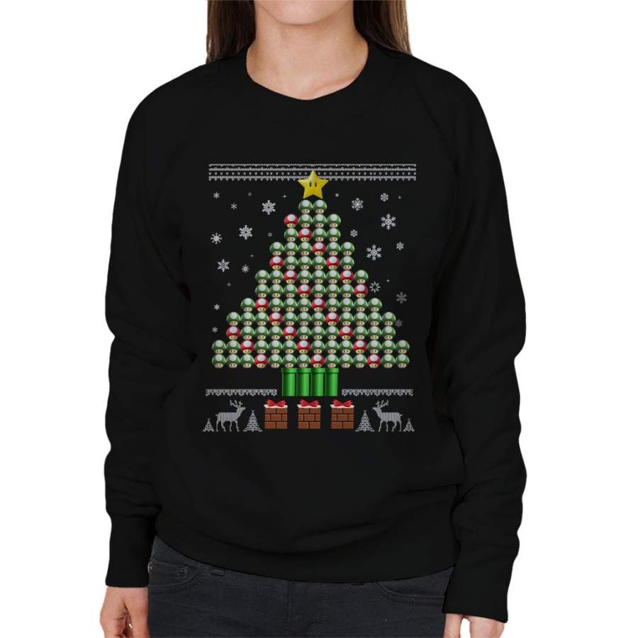 3D Super Mario Mushroom Christmas Tree Women’s Sweatshirt