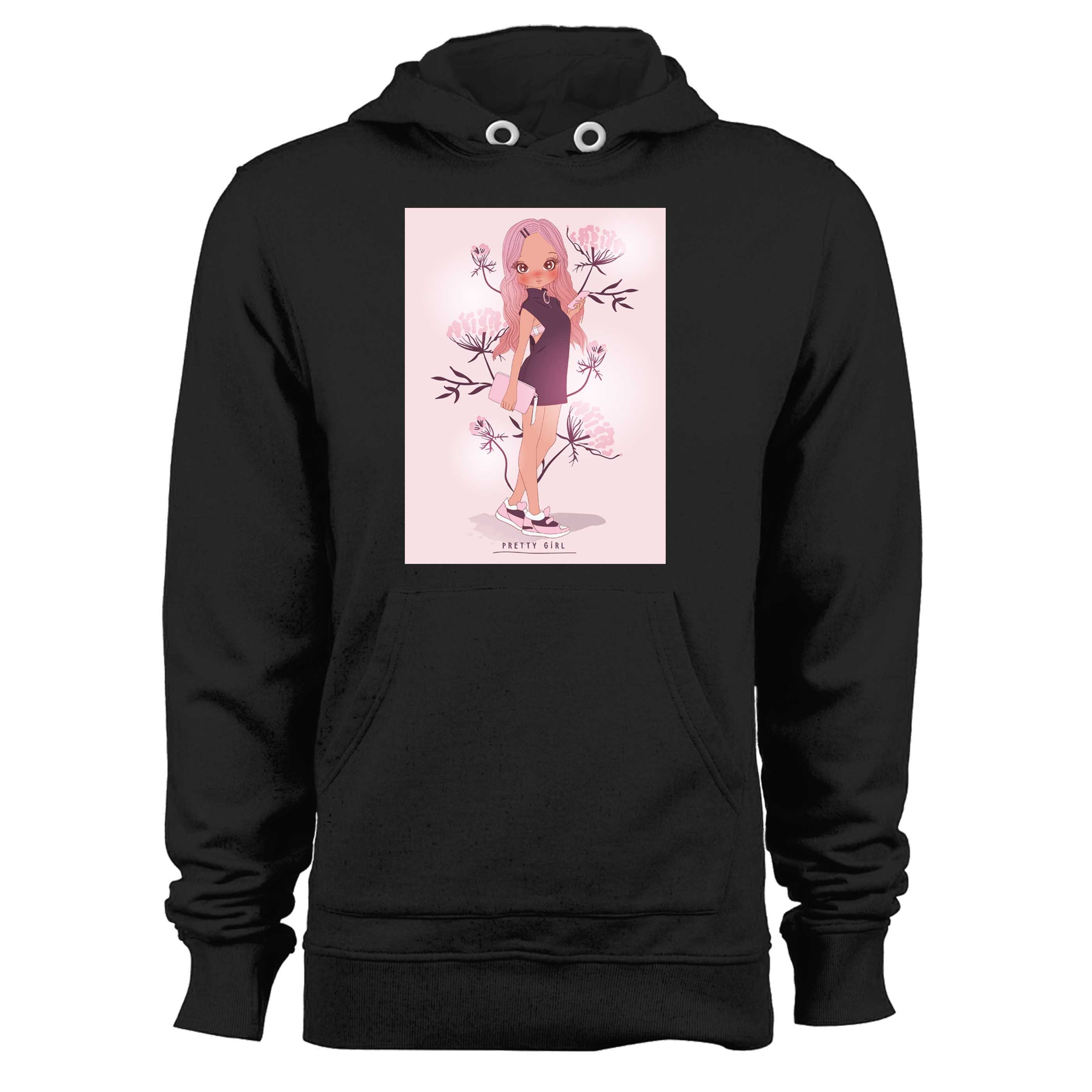 Hand Drawn Cute Girl Carrying Phone And Purse With Flower Unisex Hoodie