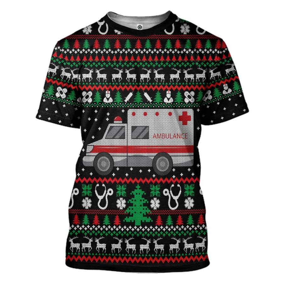 3D Paramedic Logo Ambulance Ugly Christmas Sweater Custom Tshirt Apparel