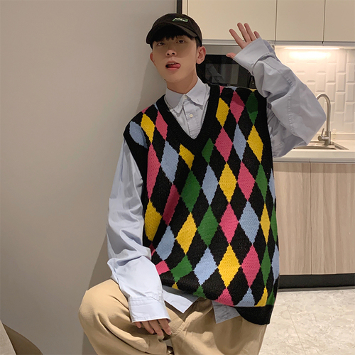 Sweater Vest Men Rainbow Argyle Autumn Trendy Sleeveless Knitted Fashion Handsome Outwear V-neck Loose Harajuku Chandails Retro alx