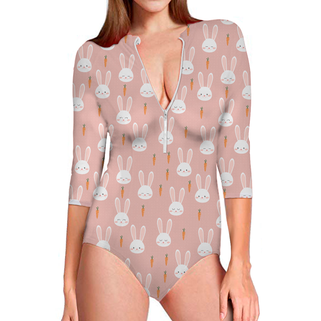 Rabbit And Carrot Pattern Print Long Sleeve One Piece Swimsuit