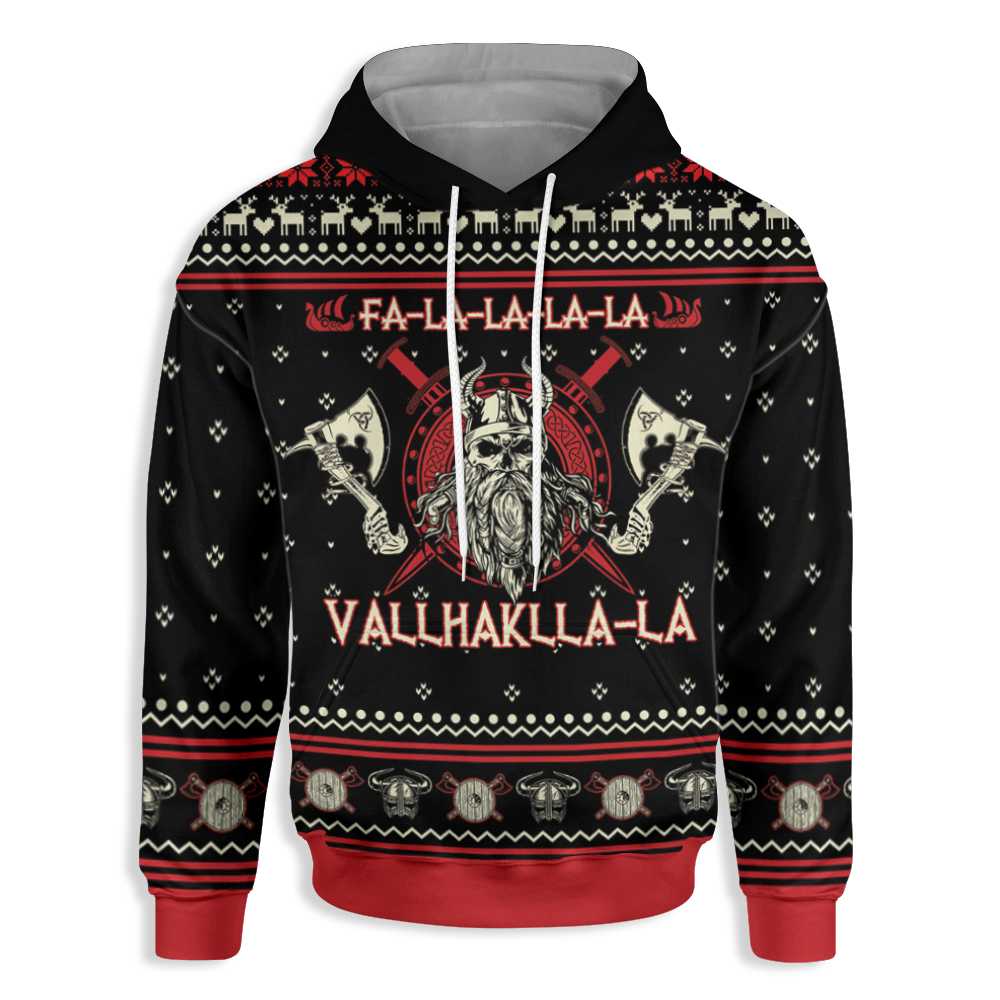 Viking Valhalla Falalala Christmas Ugly Sweater Pattern All Over Print Hoodie, Xmas Hoodie Black