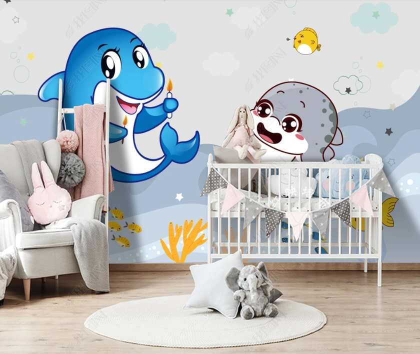 3D Cartoon Animal Dolphin Blue Wall Mural Wallpaper Lqh 129