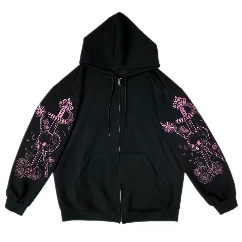 90s Vintage Y2K clothes Women Punk Skull Print Zip up Oversized Hoodie Sweatshirt Goth Coat Plus Size Kawaii Streetwear Autumn alx