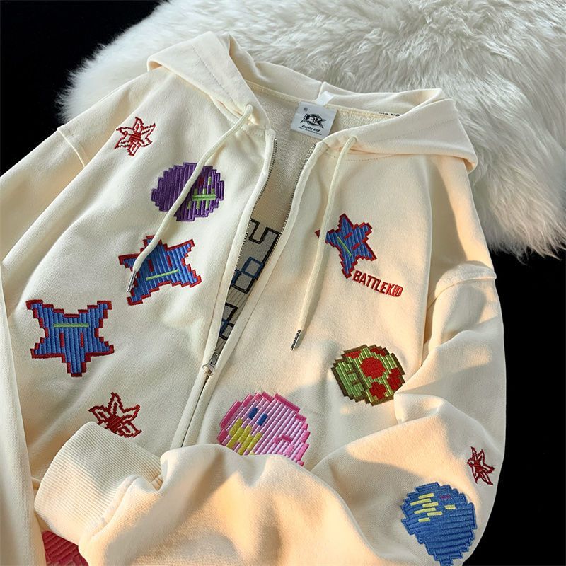 WARM Sweatshirt Women Zip Up Oversized Retro Streetwear pixel pattern Printing Hoodies Punk Hooded Jackets Embroidery Y2k alx