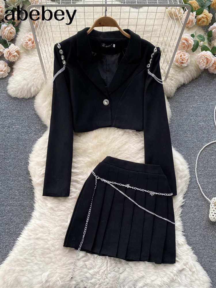 Black Women Knitted Two Pieces Suits Single Breasted Short Coat+Short Skirt Winter A2K Sweater Sets Outfits alx