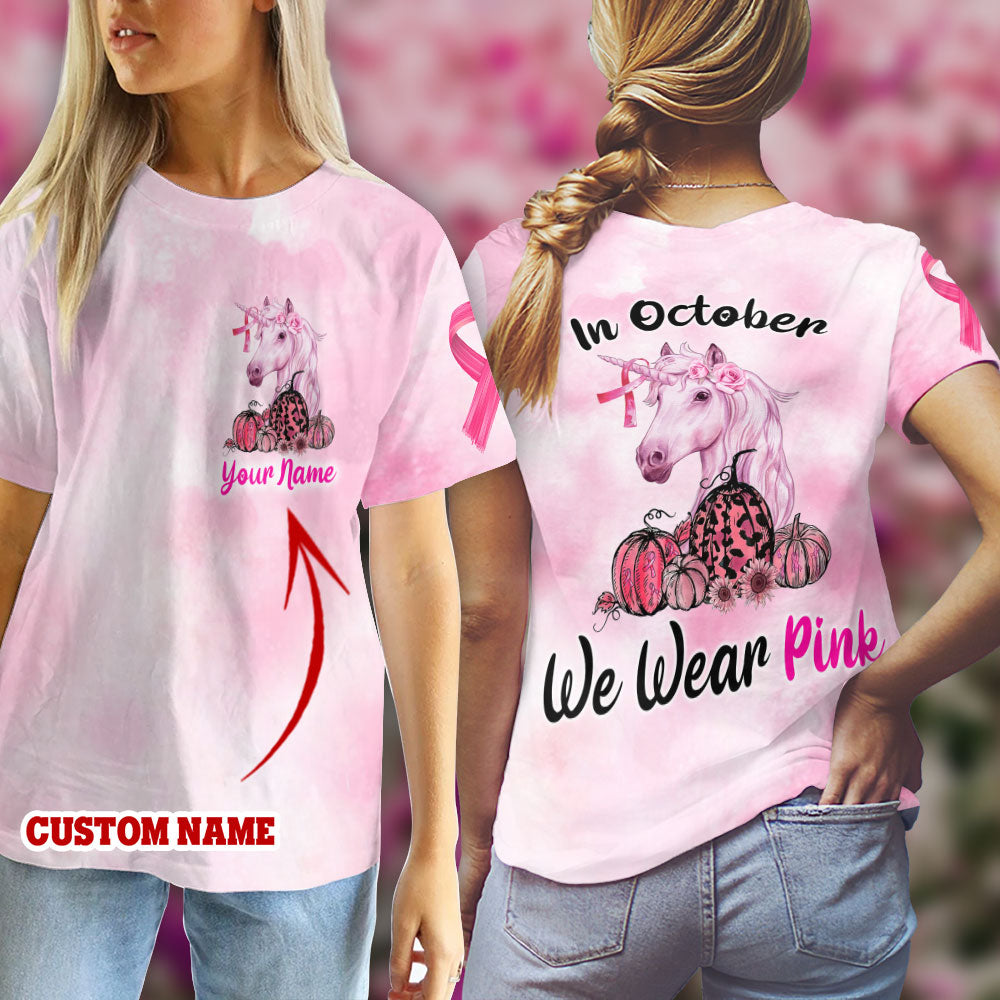 Unicorn Breast Cancer In October We Wear Pink T-Shirt 3D Custom Ttm