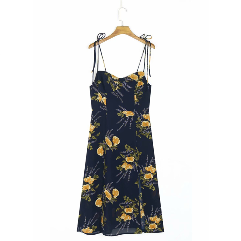 Bazaleas Retro Sleeveless Split Dress Vintage Spaghetti Strap Midi Women Dresses Sexy Yellow Floral Print Navy Vestidos alx