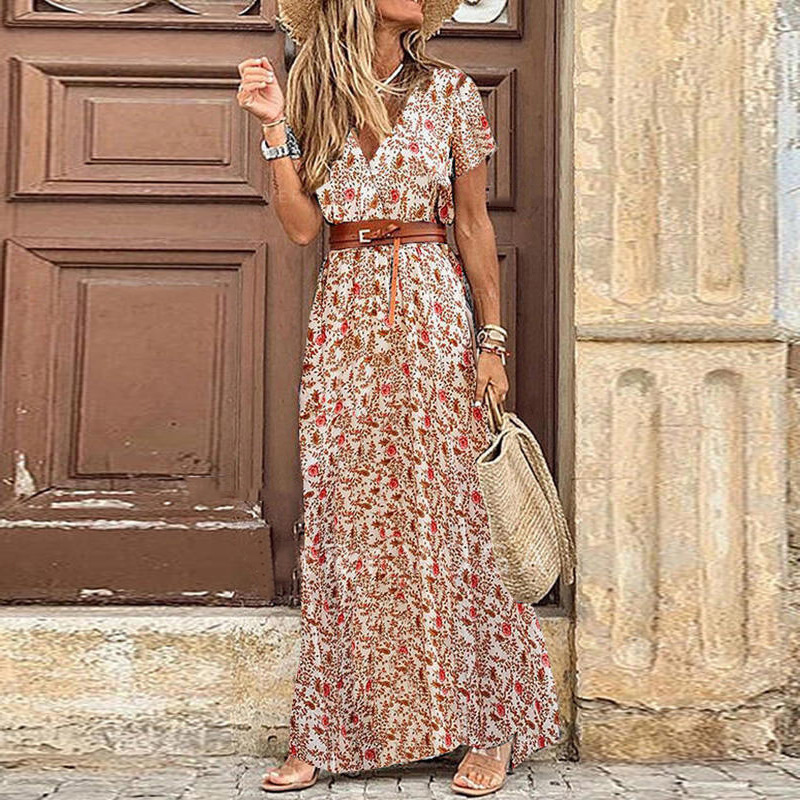 Boho Long Dress For Women Fashion V Neck Short Sleeve Paisley Print Dresses Summer Belt Large Hem Beach Dress Elegant Maxi Dress alx