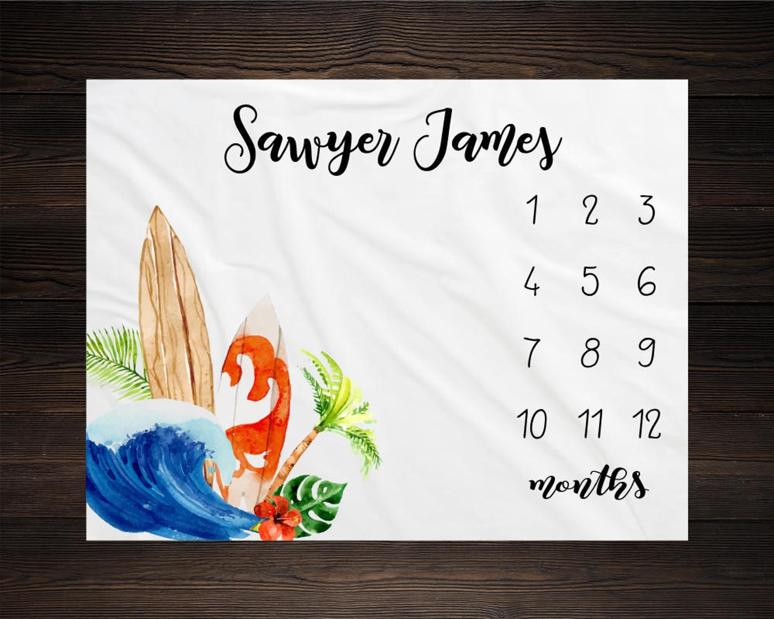 Surfing Milestone Blanket, Monthly Growth Tracker Soft Fleece Blanket, Baby Shower Gift, Newborn Gift Blanket, Watch Me Grow Baby Boy