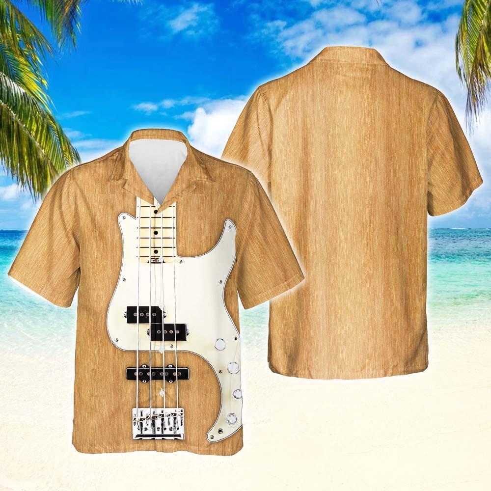 Bass Guitar Light Wooden Pattern Unisex Hawaiian Shirts