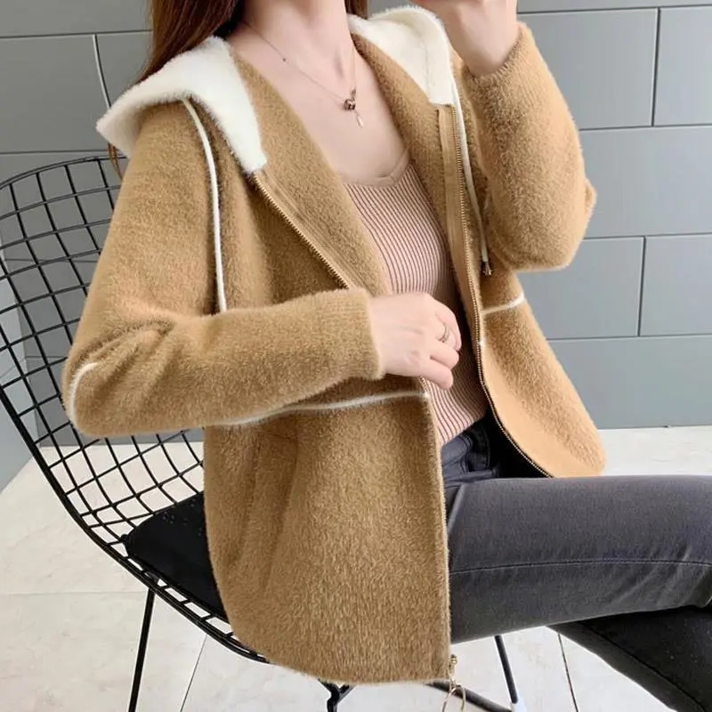 Casual Hooded Mink Cashmere Jacket Women Autumn Winter Korean Loose Long Sleeve Sweater Coat Fashion Zipped Knitted Cardigan Top alx