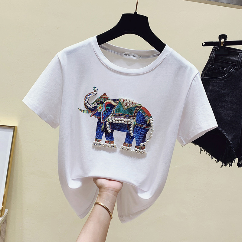 Women’s Summer Elephant Animal tshirt Pearl Short Sleeve T-Shirts Woman Beads t shirt printing beading tops tees Camisetas Mujer alx