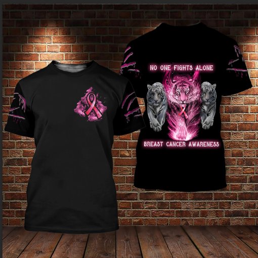 Breast Cancer Awareness No One Fights Alone Tiger And Pink Ribbon Breast Cancer 3D Clothes