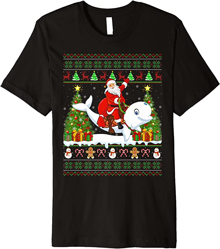 Beluga Whale Lover Ugly Santa Riding Beluga Whale Christmas Premium T-Shirt