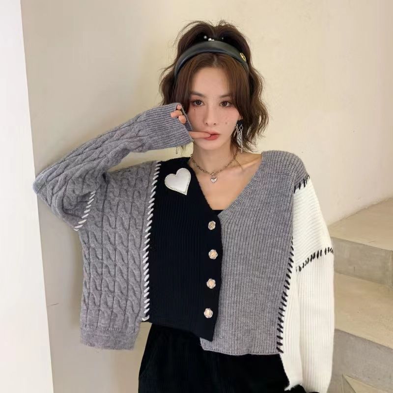 WDMSNA Long Sleeve V-neck Ladies Cardigans Irregular Love Colorblock Knitted Cardigan Women Autumn New Loose Lazy Wind Sweater alx