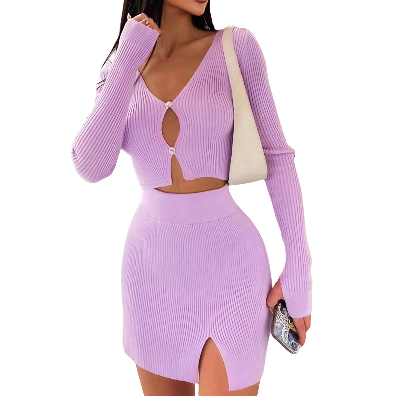 Txlixc Women Skirt Sets Two-piece Crochet Suit Autumn Solid Color Long Sleeve Cropped Tops and Slit Wrap Skirt alx