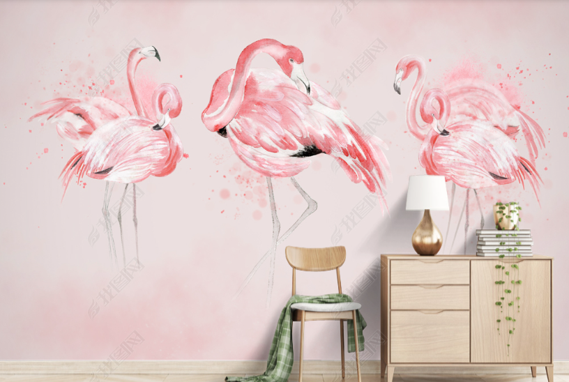 3D Hand Drawn Animal Pink Flamingo Wall Mural Wallpaper Lqh 238