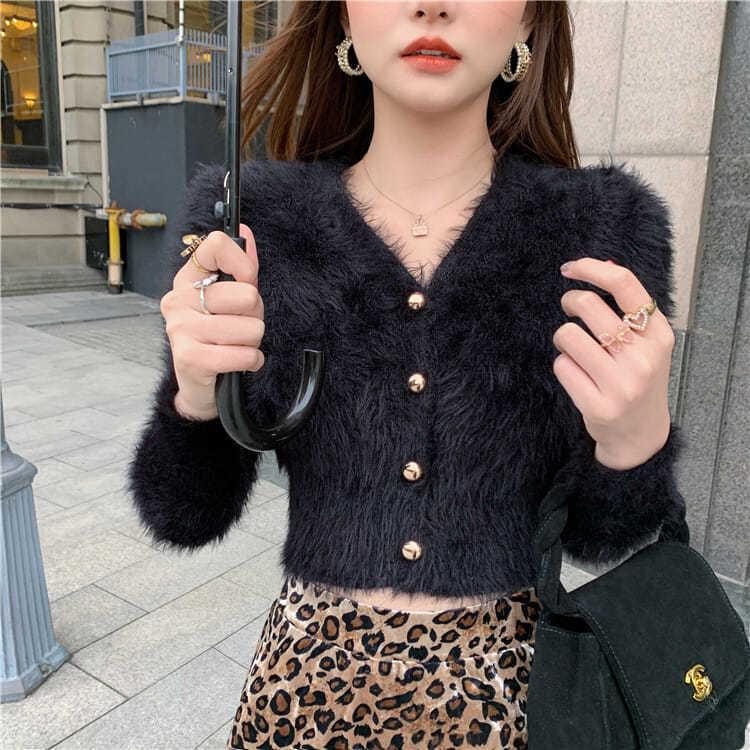 2022 Women Autumn Short Milk Fur Cardigan Knitting Crop Top alx