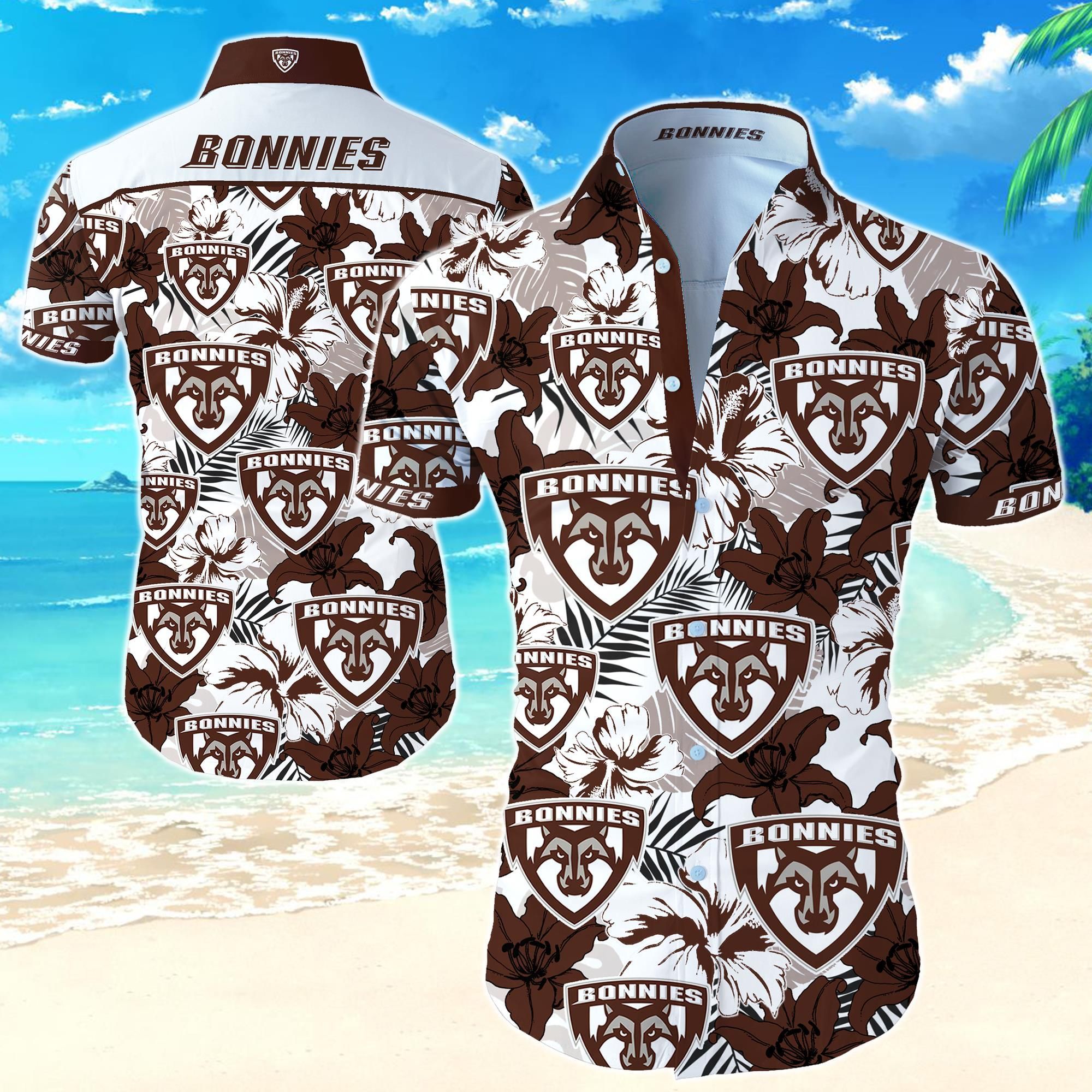 St Bonaventure Bonnies Hawaiian Shirt Summer Button Up Shirt For Men Beach Wear Short Sleeve Hawaii Shirt - Kittyband Fashion