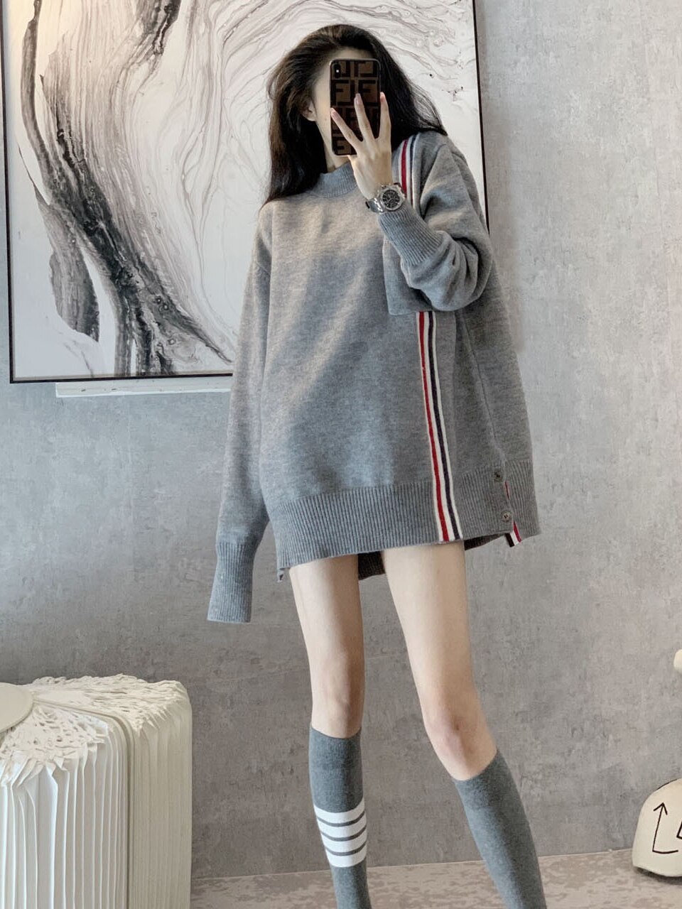 Spring and autumn TB top women’s long-sleeved loose sweater round neck straight pullover college style knitted striped shirt alx