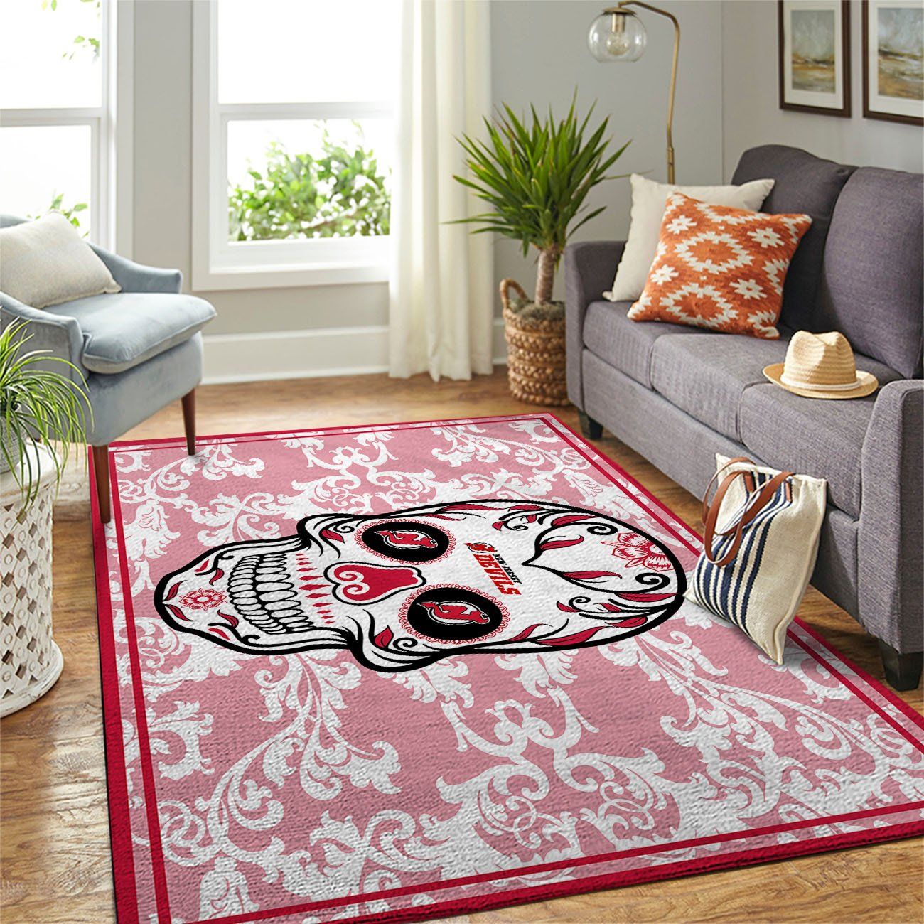 New Jersey Devils Team Logo Skull Flower Style Nice Gift Home Decor Rectangle Area Rug