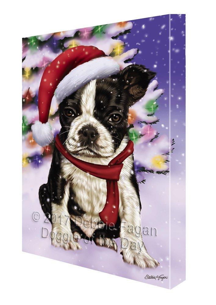 Winterland Wonderland Boston Terriers Puppy Dog In Christmas Holiday Scenic Background Painting Printed On Canvas Wall Art