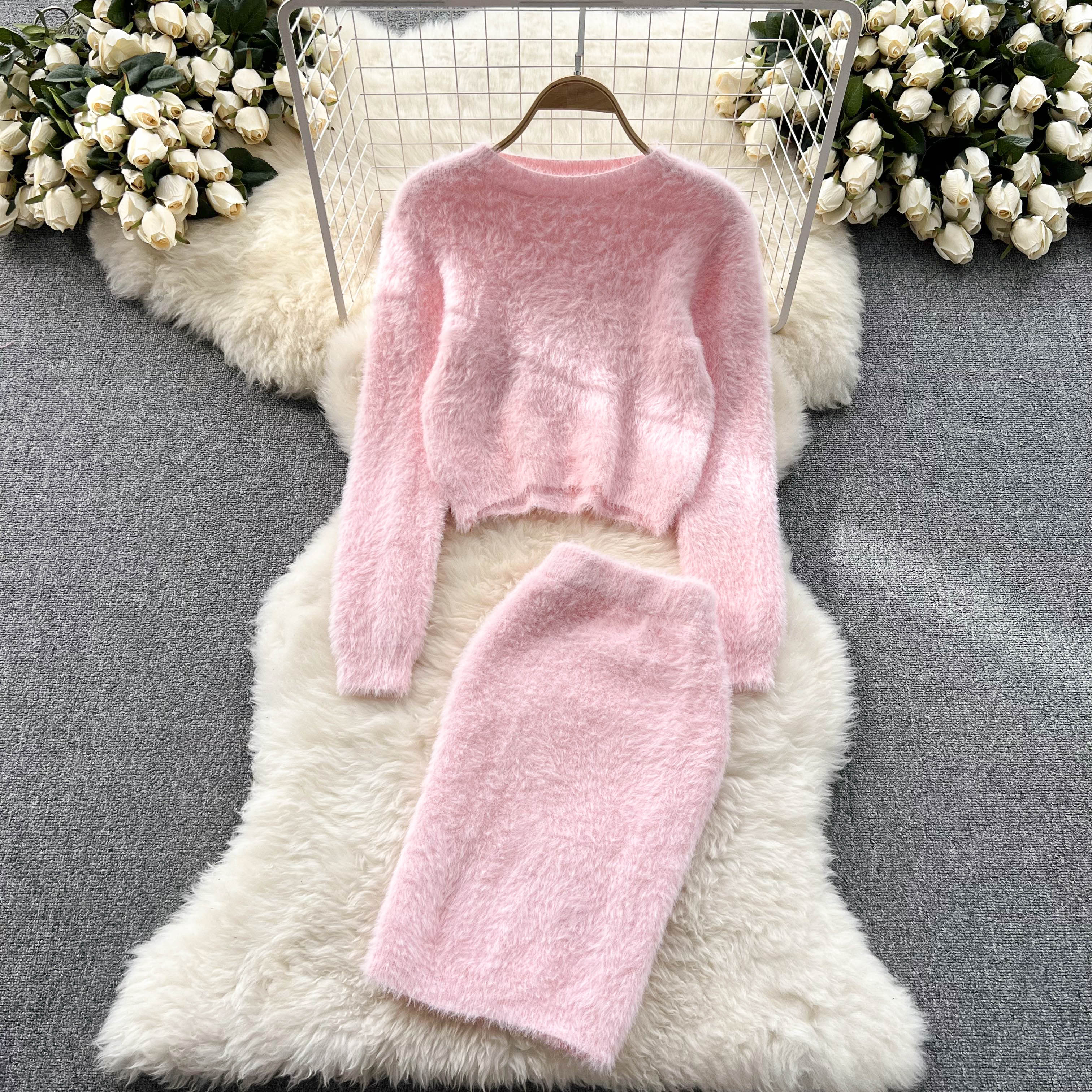 SINGREINY Solid Autumn Knit Two Piece Suits Fashion Women Long Sleeve O Neck Short Tops Mini Skirt Solid Winter Sweater Sets alx