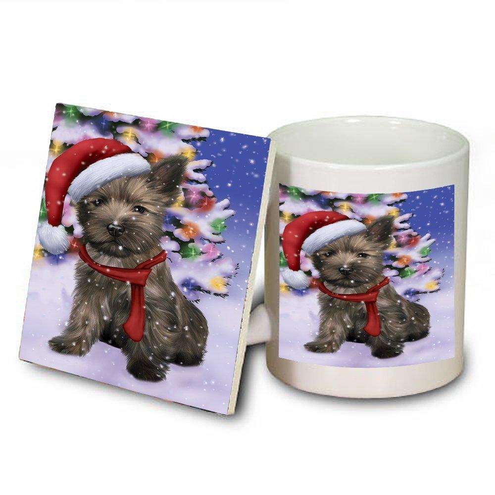 Winterland Wonderland Cairn Terrier Puppy Dog In Christmas Holiday Scenic Background Mug And Coaster Set