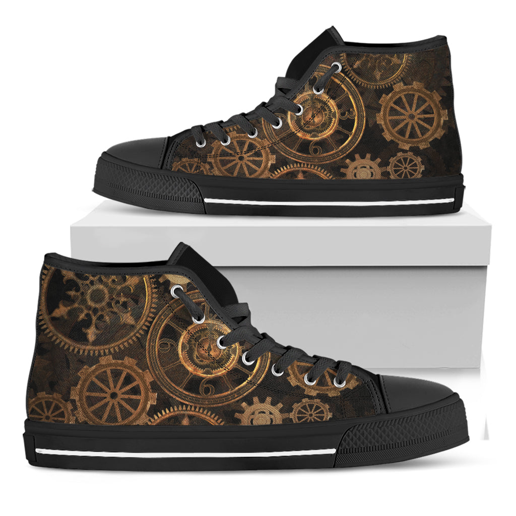 Vintage Steampunk Gears Print Black High Top Shoes