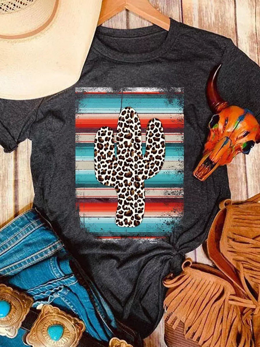 Serape Striped Leopard Cactus T-Shirt Tee