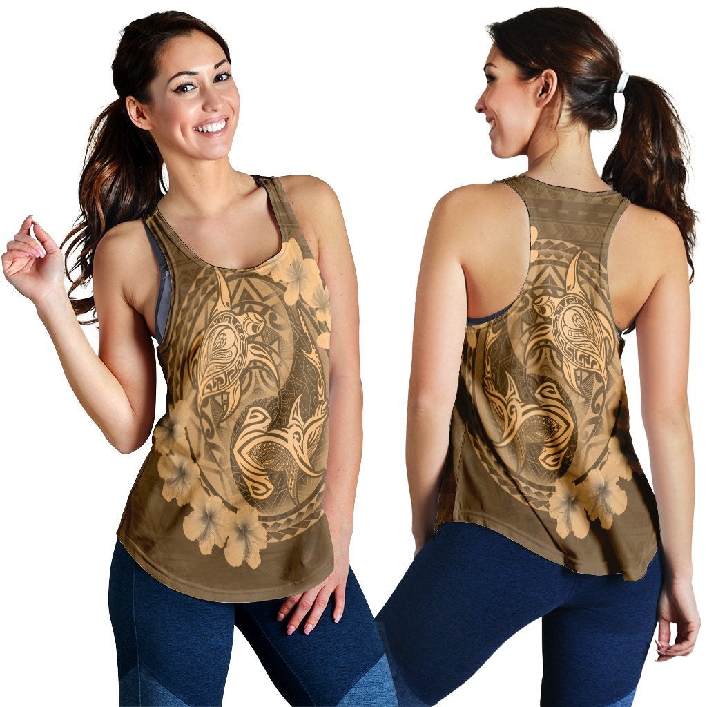 Hawaiian Yin Yang Turtle Shark Hibiscus Plumeria Racerback Tank Gold Ah Ha37440