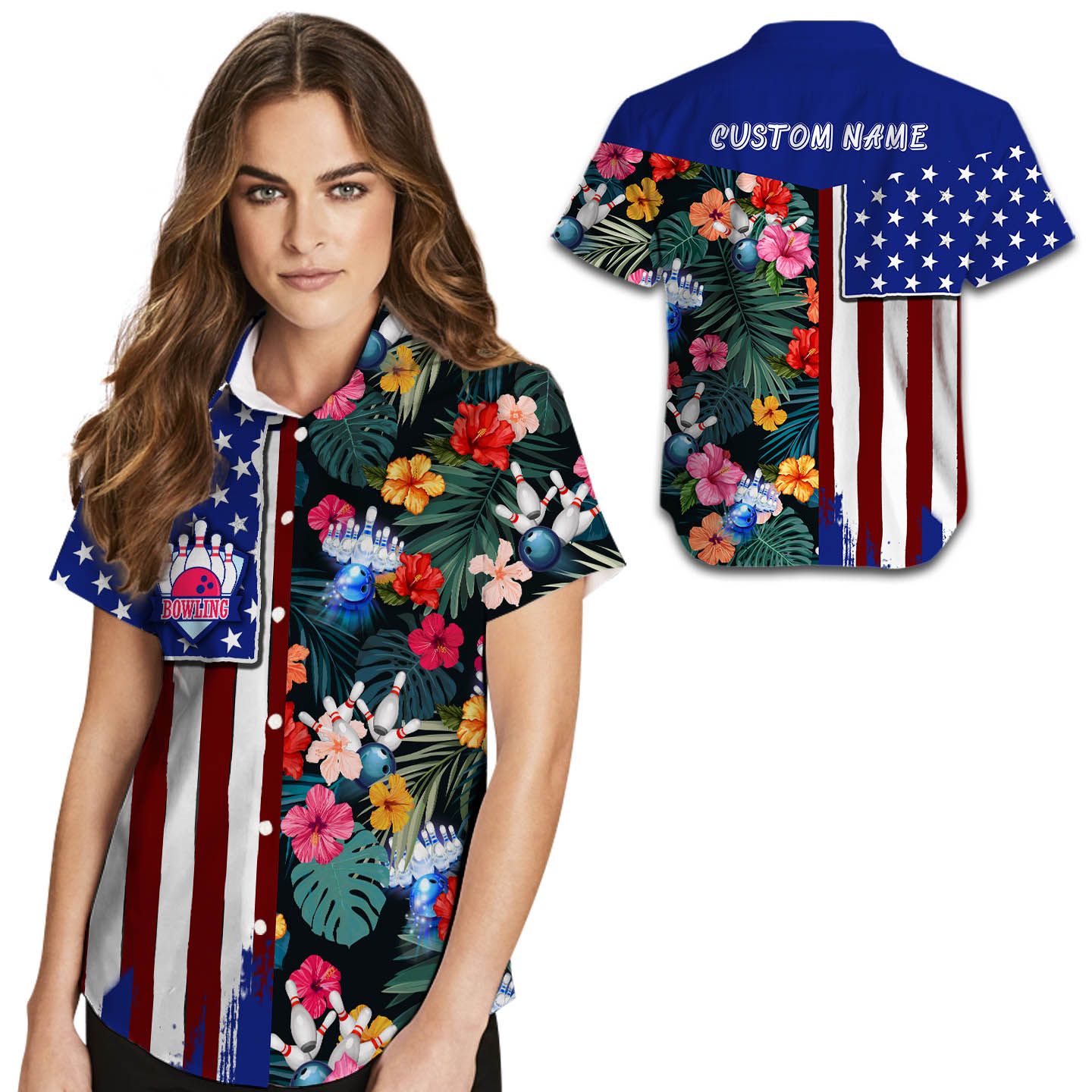 Bowling Tropical American Flag Custom Name Hawaii Shirt For Women Sport Lovers Ha88101