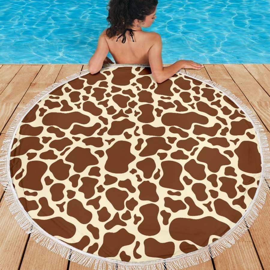 Brown Cow Print Round Beach Blanket