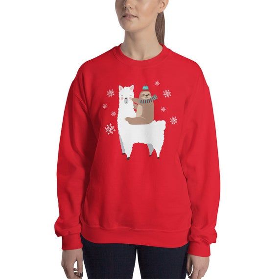 Sloth Riding Llama Christmas Sweater Gift Unisex Cute Funny Holiday Sweatshirt for Men or Women Ugly Christmas Sweater