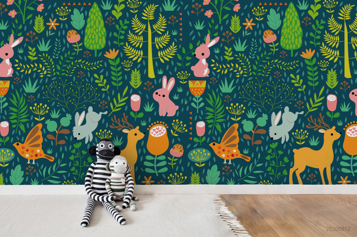 3D Cartoon Colorful Animal Green Plant Wall Mural Wallpaper Lxl 1118