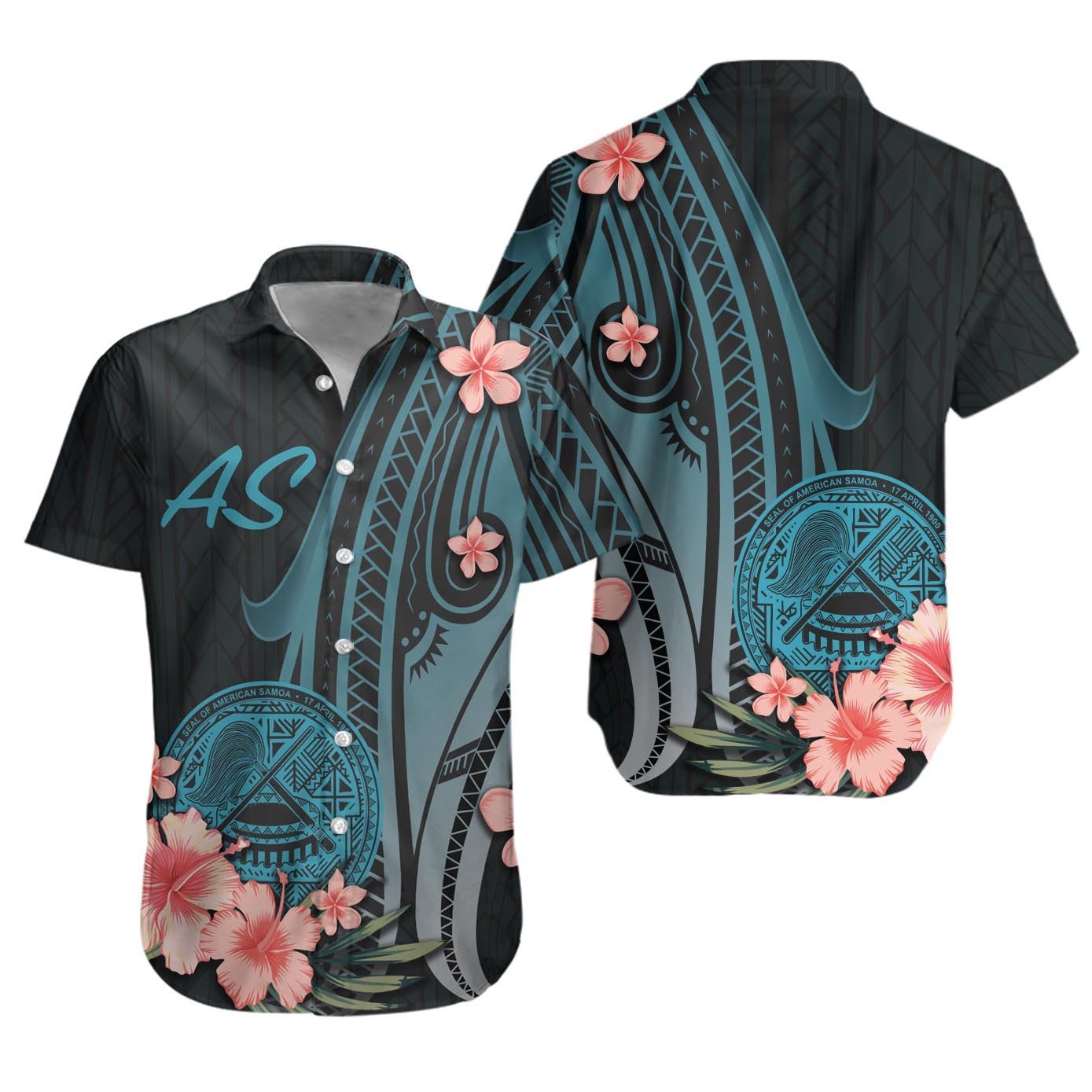 American Samoa – Turquoise Polynesian Hibiscus Pattern Style Hawaii Shirt For Hot Summer