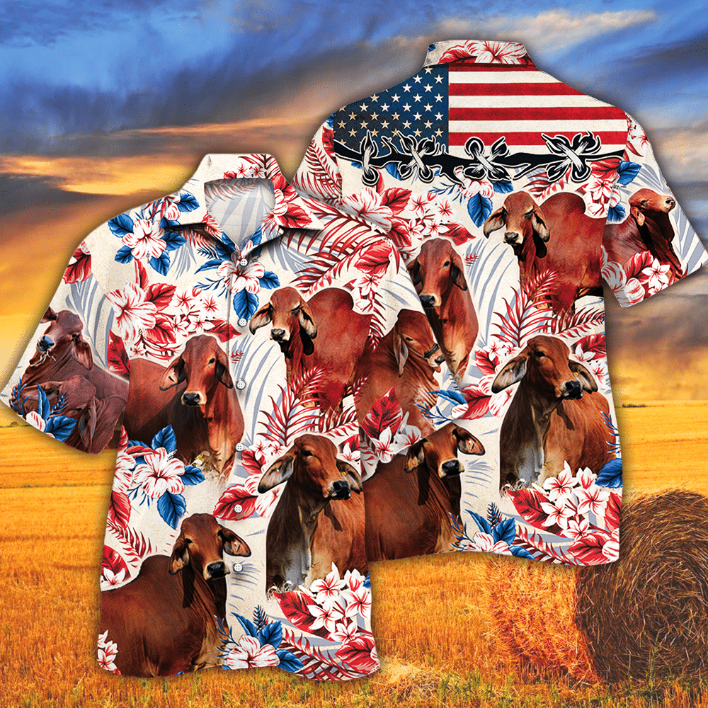 Red Brahman Cattle Lovers American Flag Hawaii Cow Hawaii Shirt For Men Women Ha78444