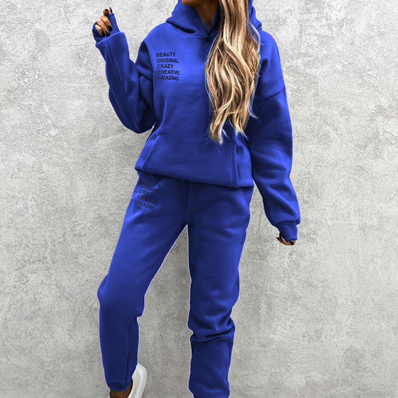 Women Fashion Letter Print Thick Sportswear Outfits Elegant Hooded Sweatshirt & Long Pants Suit Casual Long Sleeve Loose 2Pc Set alx