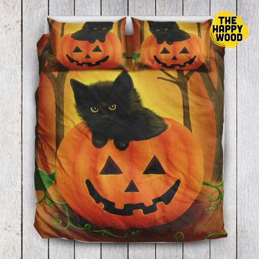 Black Kitten Halloween Quilt Bed Set And Pillow Covers