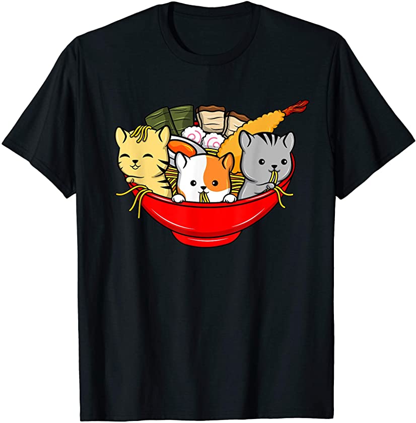 Cute Kawaii Cat Ramen Bowl T Shirt Japanese Anime Kitten Tee