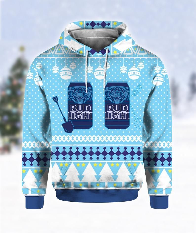 Bud Light Can Beer Print Ugly Christmas 3D Pullover Hoodie, Bomber Jacket, Sweatshirt, T-Shirt