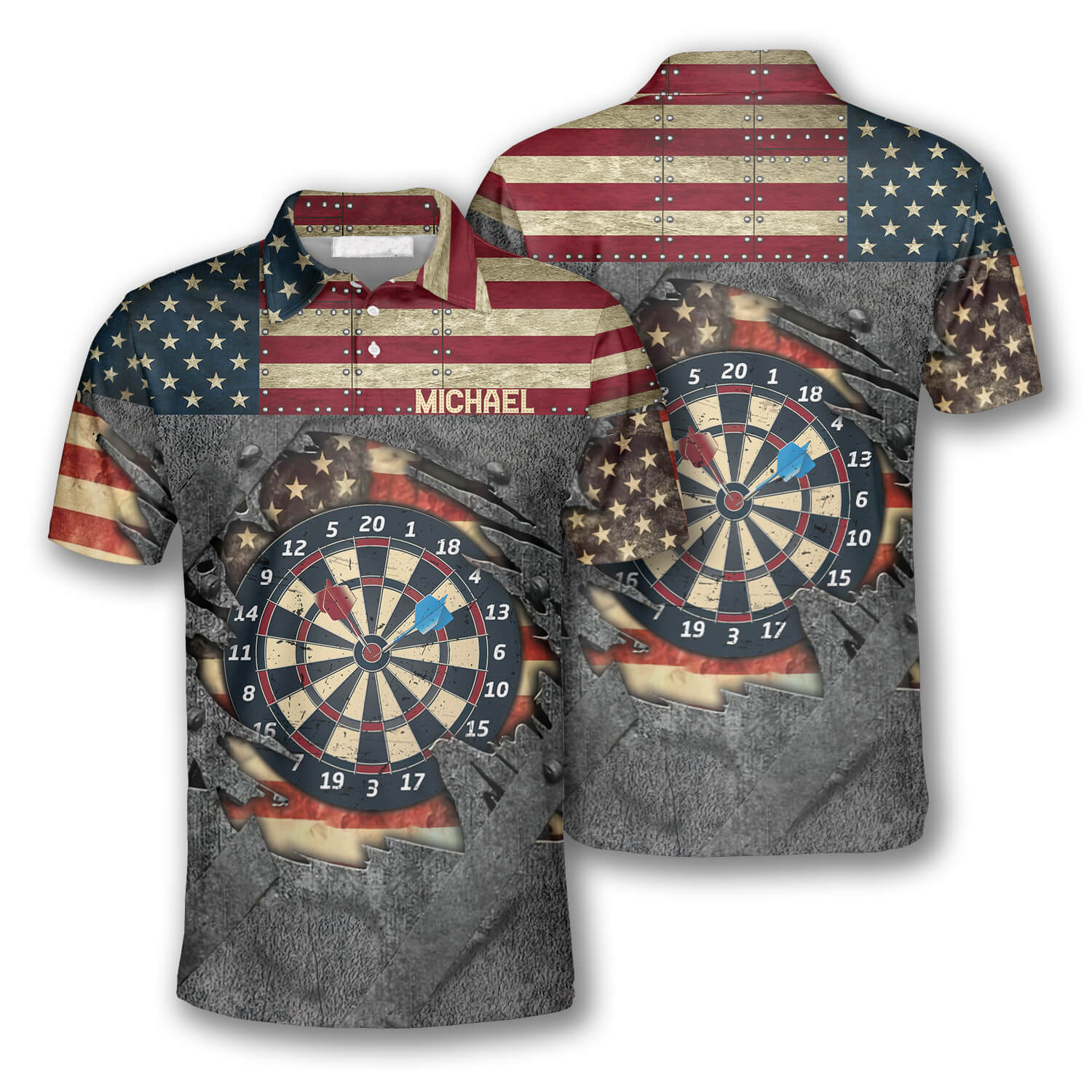 Personalized Custom Name Darts Retro American Flag Custom Polo Shirts For Men