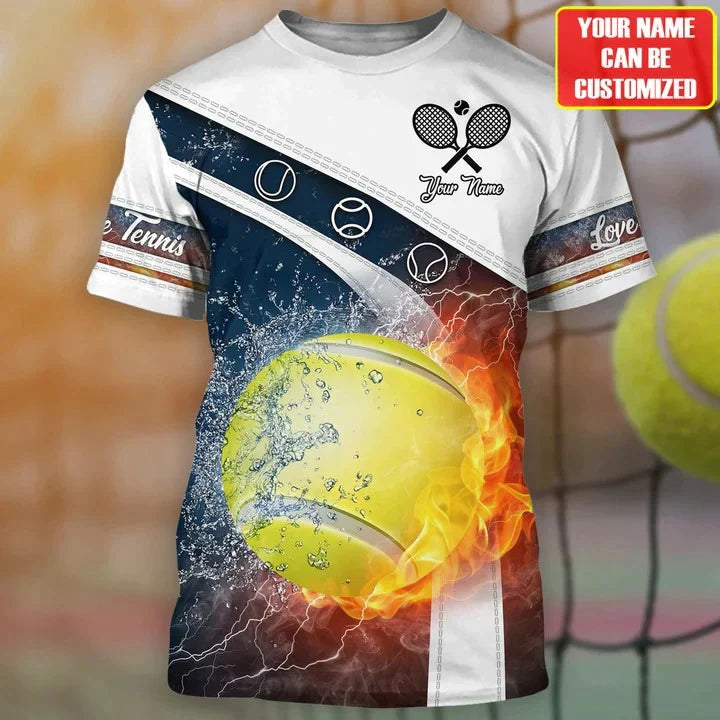 Custom Name 3D Tennis Tshirt, Tennis Shirt With Fire Ball Pattern, Tennis Team Lover, Tennis Lover Gift