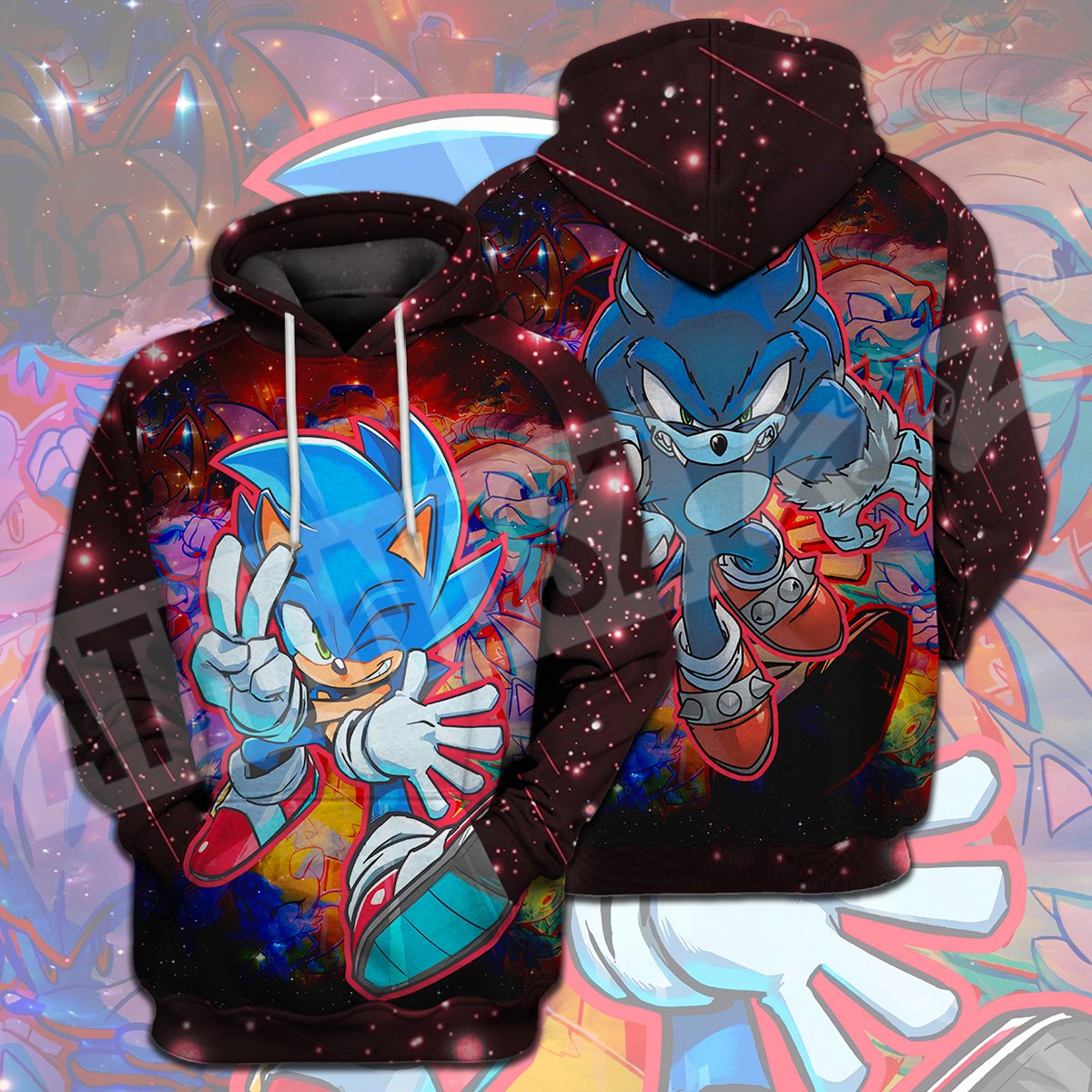 Sonic The Hedgehog T-Shirt Sonic And Sonic The Werehog Red Galaxy T-Shirt Hoodie Adult Full Print