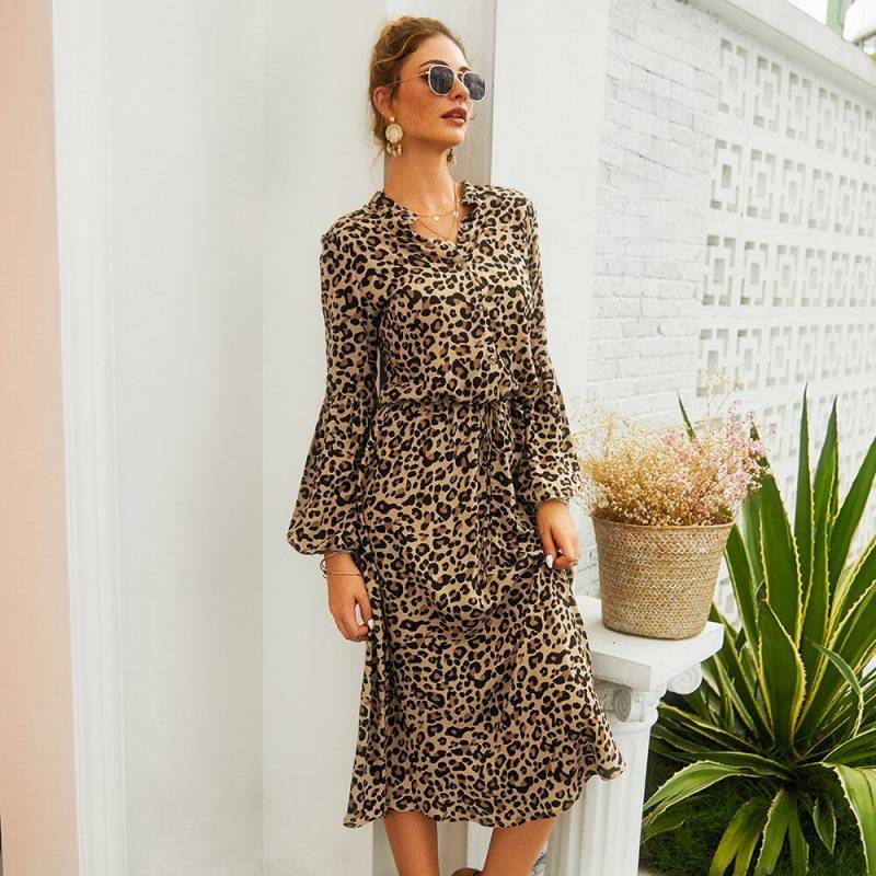 Stylish Long Sleeve V Neck High Waist Leopard Print Dress